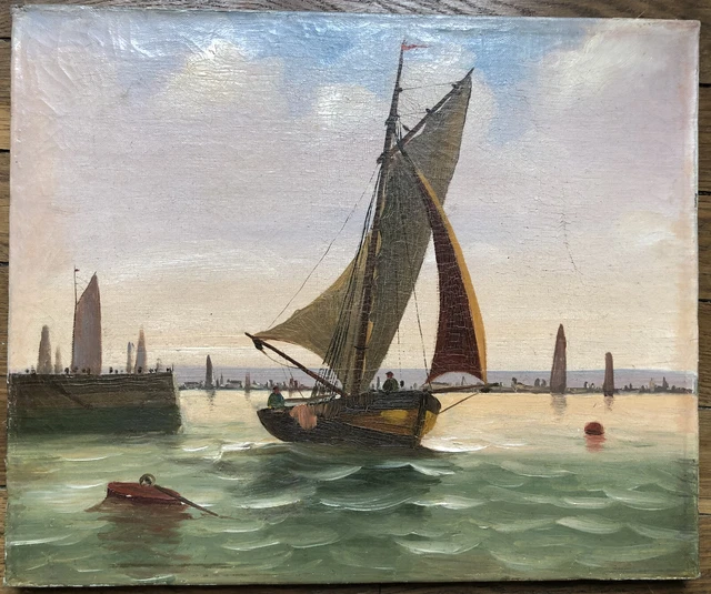 ANCIEN GRAND TABLEAU Marine Bateau Peinture Huile Signe Verchere EUR 79