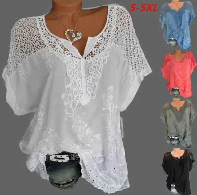 Womens Ladies Pullover Lace Hollow Tops Blouse Baggy Short Sleeve Casual T Shirt