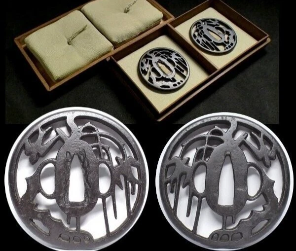 Tsuba Japanese Sword Fittings Japan Antique Swallow Watermark on Willow Edo Iron