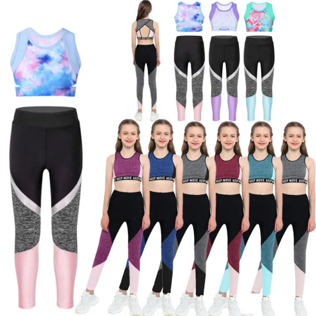 Kids Girls Outfit Workout Stretch Acitvewear Set Crop Tank Tops Printed PantS