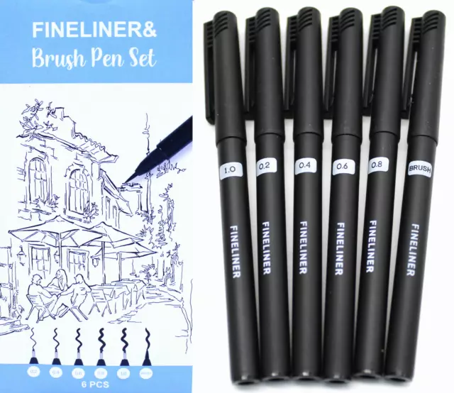 Fineliner Stifte Schwarz Brush Pen 6er Set für Kalligrafie Zeichnen Malen NEU