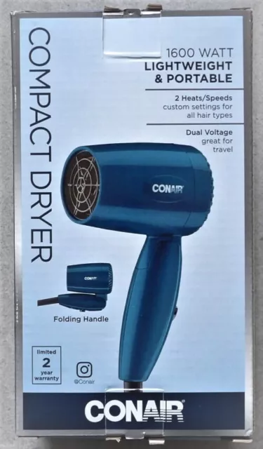 Conair 1600 Watt Compact Hair Dryer Folding Handle Dual Voltage Lightweight NEW!