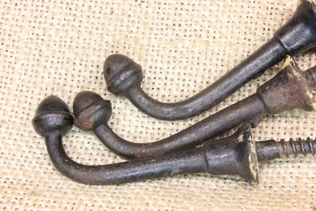 3 Old Single Coat Hooks Farm School House Acorn End Black Paint Vintage 1850’s 3