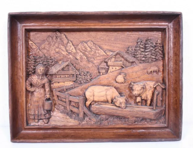 Faux Wood Carved Molded Switzerland Forest Wood 9x12 3D Alps Chalets Cows Plaque