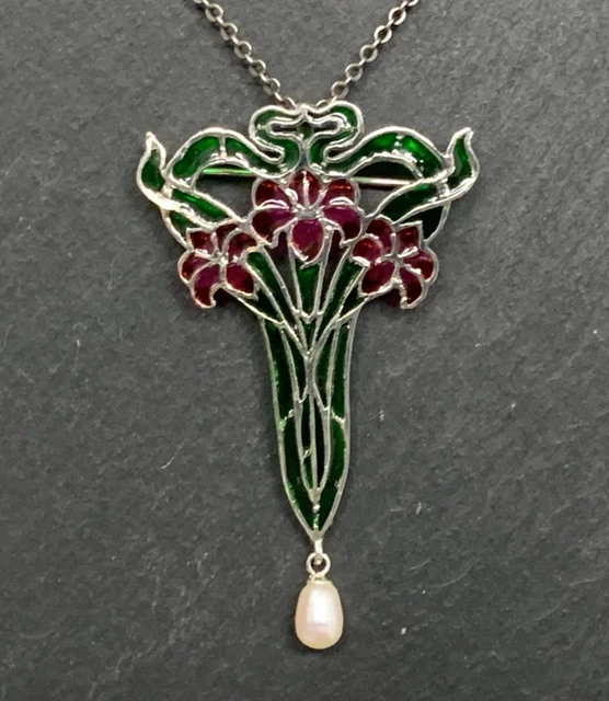 Broche & Émail & Perle 925er Argent Art Nouveau