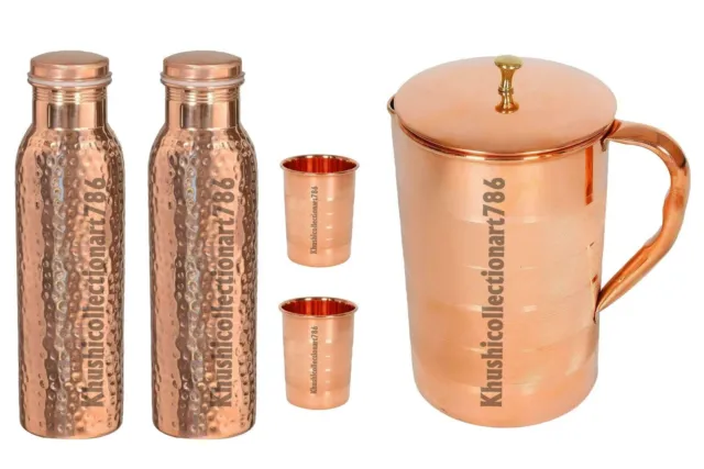 Pure Copper Water Pitcher Jug Hammered Bottle 2 Drinking Tumbler Glass Set Of 5