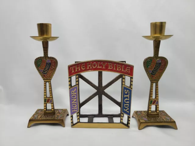 Vintage Terra Sancta Guild Candlestick Holders And Bible Holder Enameled Brass
