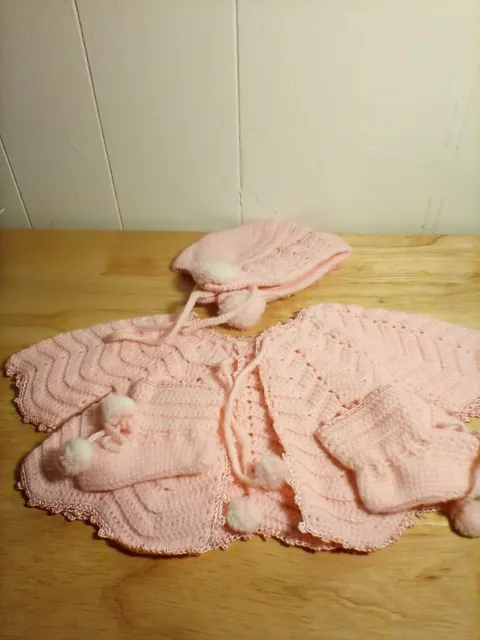 Vintage Crocheted Knit Pink Baby Sweater And Bootie and Hat never used New born