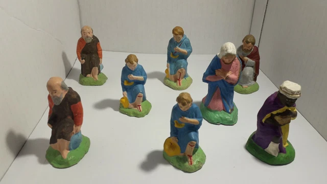 Lot De 8 Santons De Crèche Anciens – Fait Main, Style Devineau, Hauteurs Variées