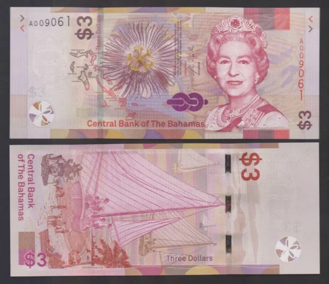 Bahamas: B350a P#W78 3 Bahamas Dollar 2019 Uncirculated Banknote.