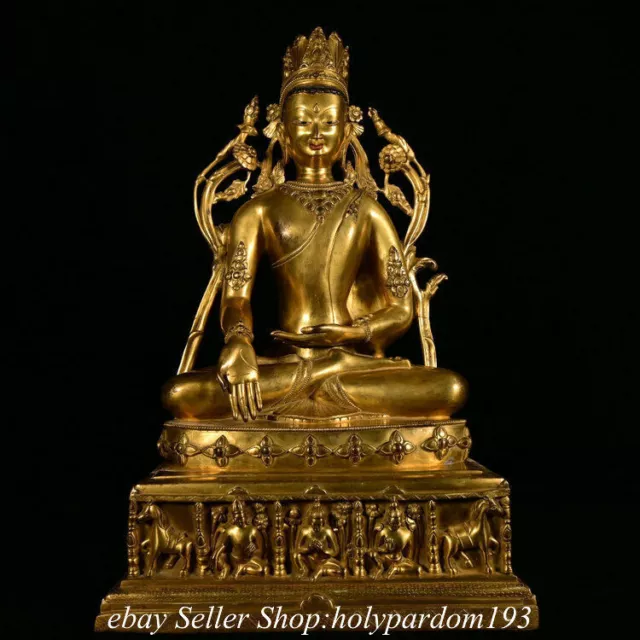 19.2" Old Chinese Purple Bronze 24K Gold Gilt Buddhism Ancestor Buddha Statue