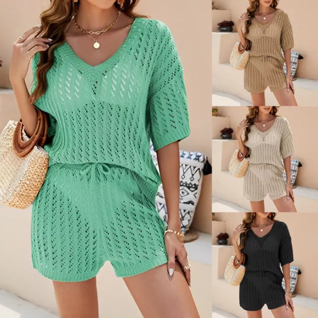 Women Pullover+Shorts 2 Pieces Hollow Knitted T-shirt+Shorts Simple Casual Suits