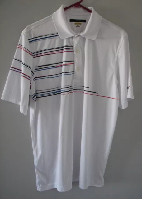 Greg Norman Golf Men's polo shirt M White stripe Short Sleeve polyester PLAY DRY