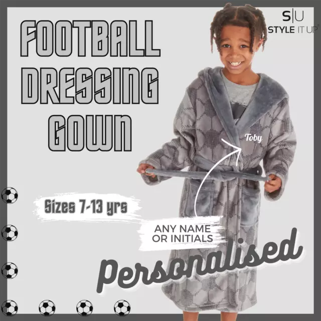 Personalised Boys Football Hooded Robe Fleece Snuggle Warm Comfy Dressing Gown