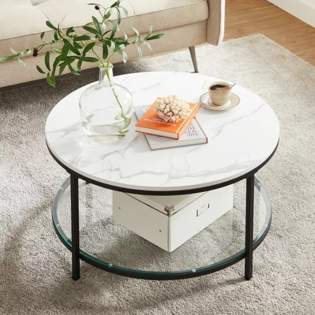 Coffee Table Sofa Table Glass Storage Shelf Marble White and Black LCT071B13