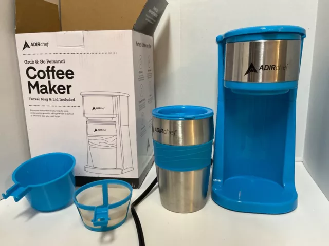 ADIRchef Single Serve Mini Travel Coffee Maker & 15 oz. Travel Mug BLUE
