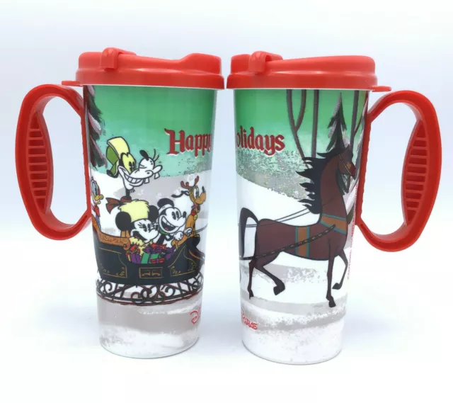 Disney Parks Happy Holidays Plastic Travel Coffee Cup Mug 16oz Lot Of 2 Whirley