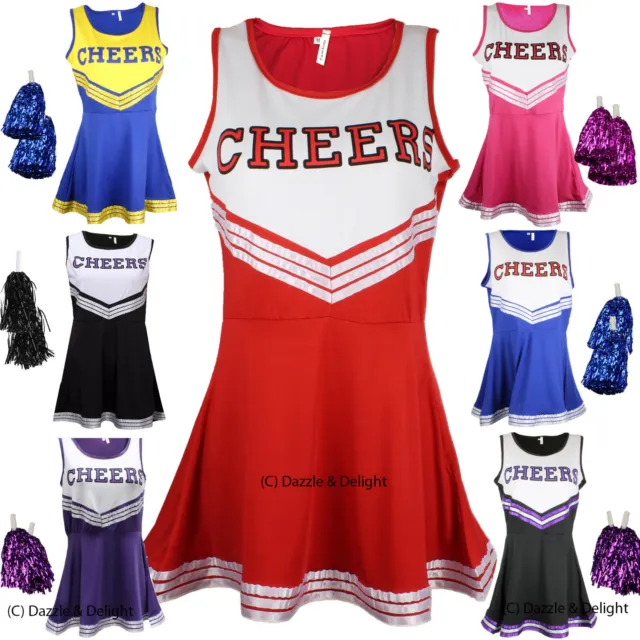 CHEERLEADER FANCY DRESS Outfit Uniform High School Cheer Costume With Pom Poms £12.99 PicClick UK
