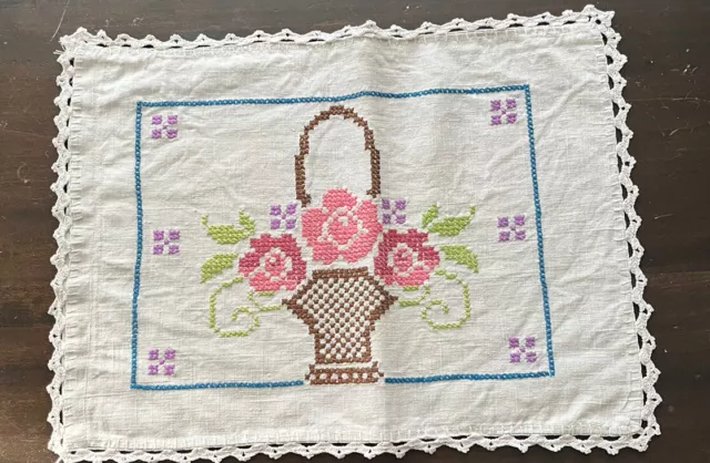 Vintage Hand Stitched Pillow Cover Crocheted Edges Floral Basket 17” x 13"