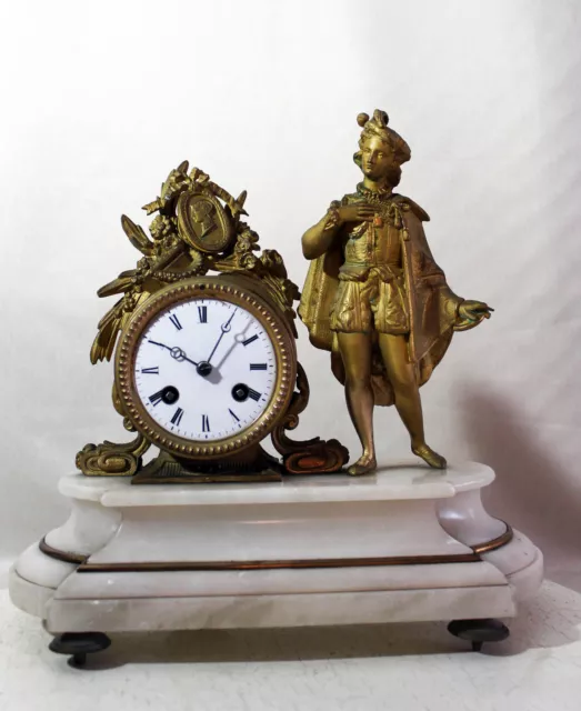 ANTIQUE 1860 FRENCH CLOCK STATUE ROMANTIC with alabaster base