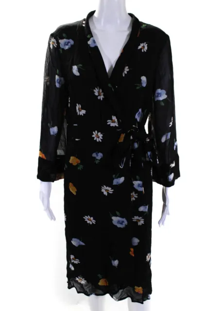 Ganni Womens 3/4 Sleeve Floral Dainty Georgette Midi Wrap Dress Black Size FR 40