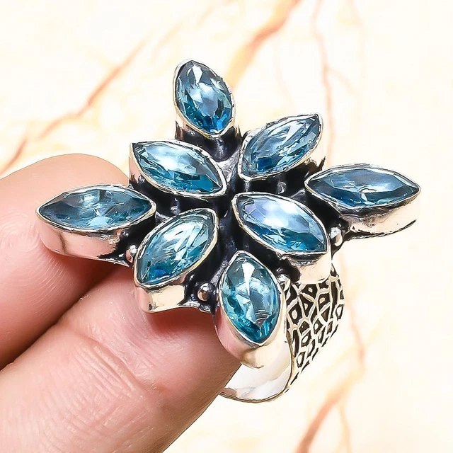 Swiss Blue Topaz Gemstone Handmade Gift Jewelry Ring Size 9 q701