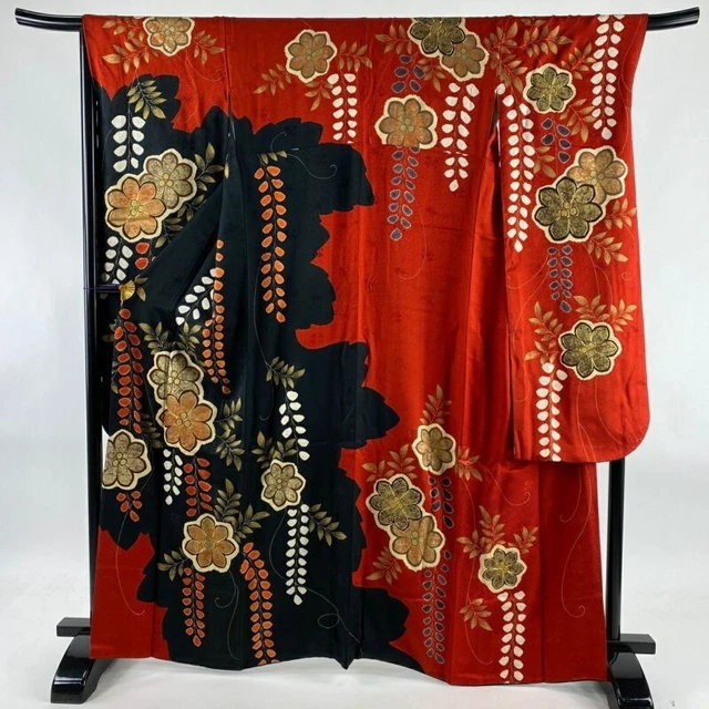 Woman Japanese Kimono Furisode Silk Leaf Flower Gold Thread Foil Red