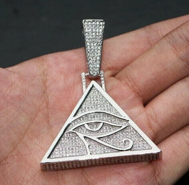 2Ct Round Real Moissanite Evil Eye Ankh Triangle Pendant 14k White Gold Plated