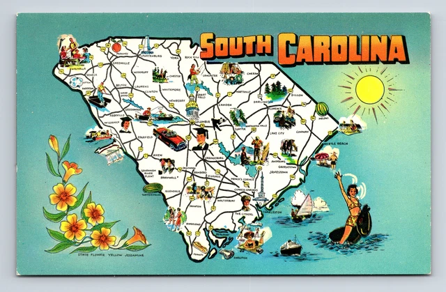 PICTORIAL TOURIST MAP State Flower Greetings South Carolina SC Postcard ...