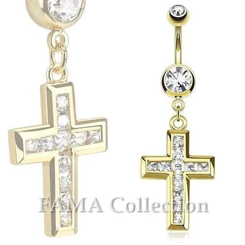 FAMA Cross Multi Paved Gemmed Dangle 14kt Gold Plated Surgical Steel Belly Ring