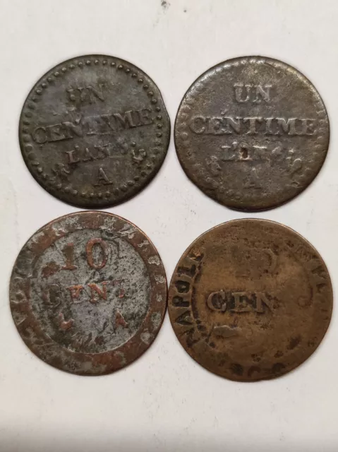 4 pièces monnaie françaises 1 centime Dupré Directoire et 10 Cent. Napoléon 1er