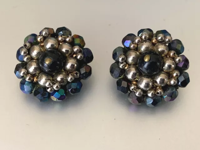 Precioso Francés 1950s Vintage Pendientes Clip - Iridiscente Vidrio Facetas