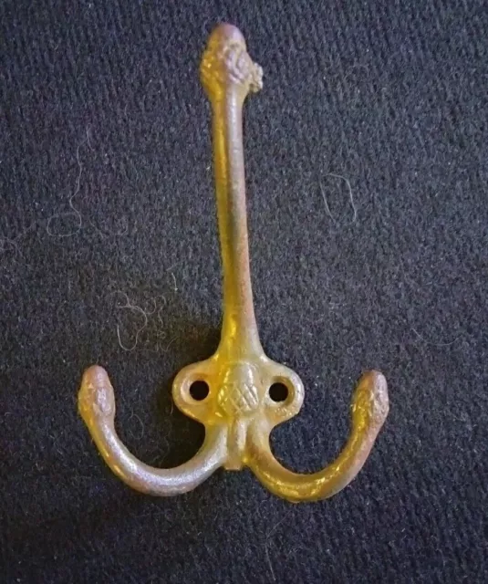 VINTAGE SOLID CAST IRON BRASS TRIPLE ACRON COAT HOOK - Pre-owned