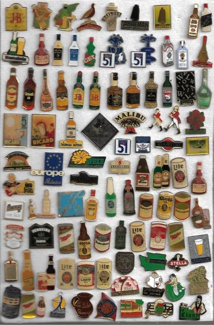 lot de 95 pin's boissons alcoolisées (ricard,whisky,bières,51,cognac......)