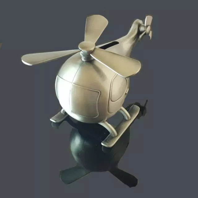 GORGEOUS Helicopter Money Box Pewter Finish Baby Shower Christening Event Gift