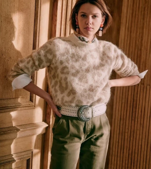 Pull Sezane Bompard En Cachemire 100% - Taille S Couleur écru Et Pois Camel - Occasion Très Bon état
