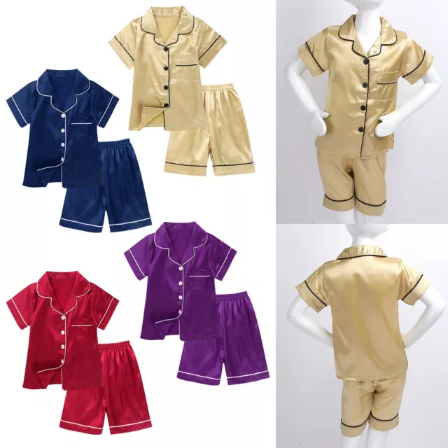 Kids Boys Girls Silk Pajamas Set Short Sleeve Tops+Shorts Sleepwear Night Wear