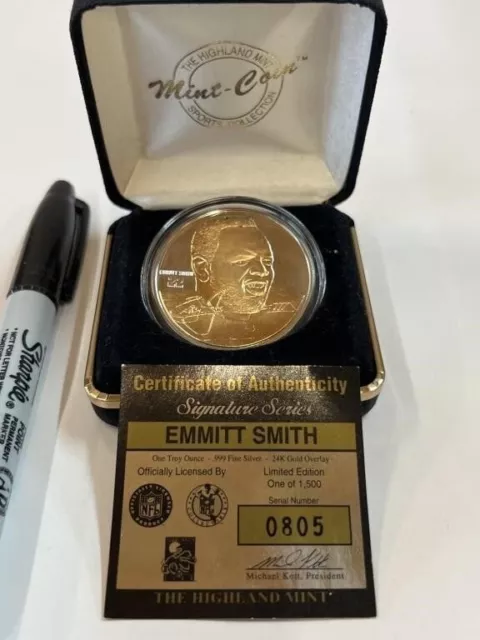 Highland Mint EMMITT SMITH SIGNATURE SERIES .999 silver 1 oz 24k overlay RARE