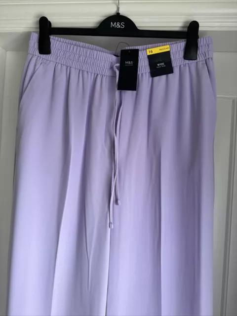 M&S Ladies Crepe Drawstring Trousers Size 16 Reg Lilac Wide Leg