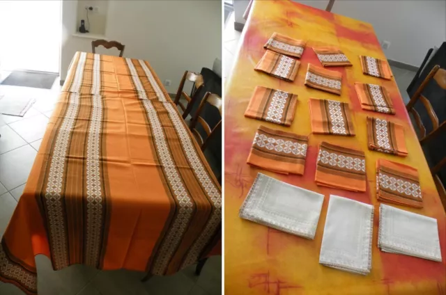 Lot 2 Nappes + 12 Serviettes Art Nouveau 1960 1970 Orange Sixties Seventies