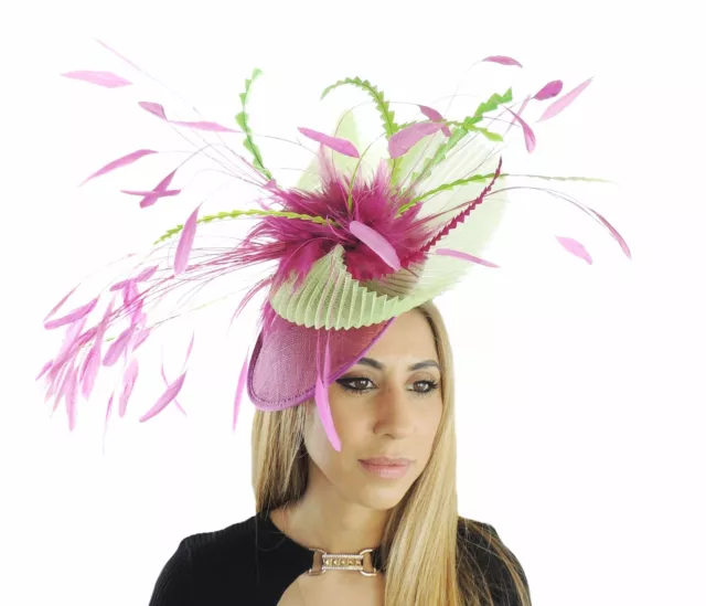 Fuchsia Pink Lime Green Feather Kentucky Derby Fascinator Hat Wedding