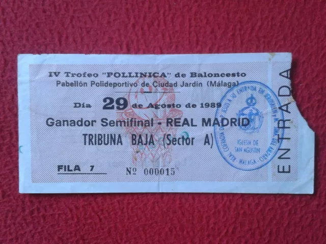 Entrada Ticket Baloncesto Basketball Málaga Trofeo Pollinica 1989 Real Madrid...