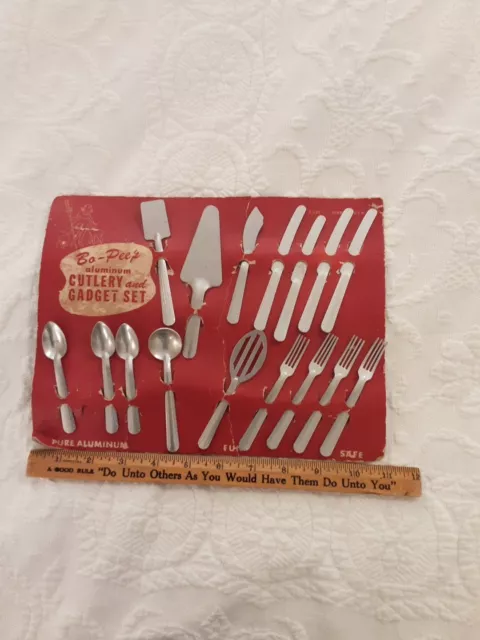 Vintage Child's Bo Peep Aluminum Cutlery And Gadget Set