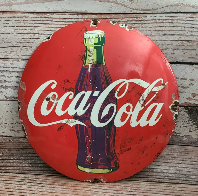 Vintage Coca Cola Coke Bottle Porcelain Metal Soda Pop Advertising Button Sign