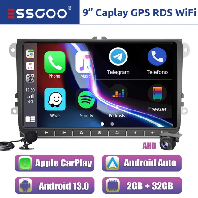 Radio de coche 9" Carplay Android 13 2+32G GPS HiFi + cámara para VW Passat B6 Golf 5 6