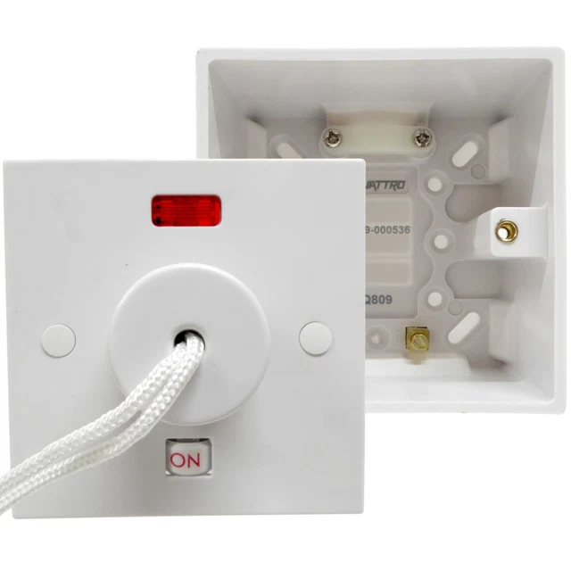45A SHOWER CEILING Pull Cord Switch + Neon with 47mm Pattress Back Box