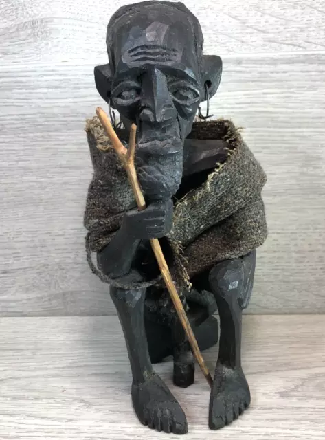 vintage old  African Tribal elder Man Wooden Sculpture, Shaman handcarved