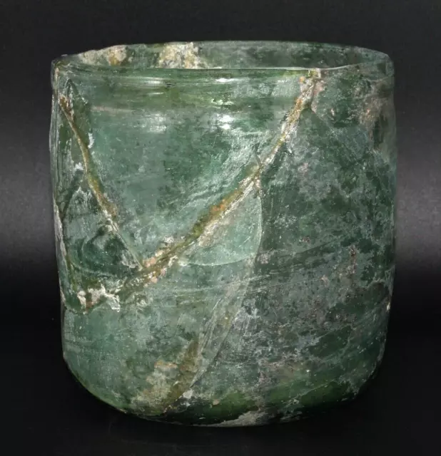 Large Ancient Roman Glass Cup Jar with Green Patina Circa 1st - 3rd Century AD