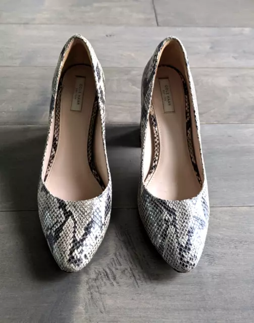 Cole Haan Eliree Black & White Snakeskin Leather Block Heel Almond Toe Pump 8 2