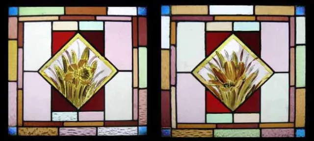 Painted Spring Flowers Antique English Pair Stained Glass Windows